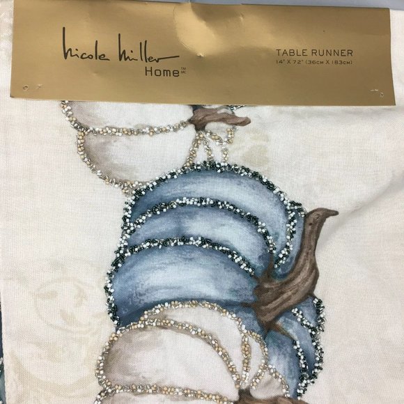 Nicole Miller Beaded Pumpkin Table Runner Blue Cream Thanksgiving Decor 14x72 - Picture 4 of 11